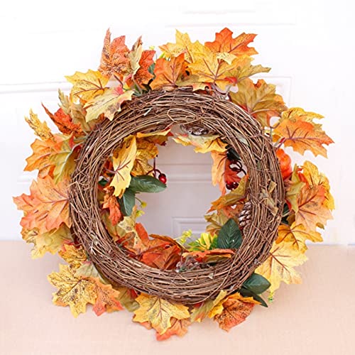 50cm Autumn Door Wreath Artificial Pumpkin Berries Pine Cone Maple Manmade Garland Cloth Rattan Material Home Decoration