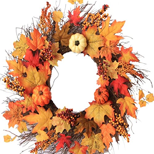 Artificial Fall Wreath Halloween Wreaths for Front Door Fall Berry Wreath Decorated with Pine Cones Pumpkin Maple Leaves Door Decor Outdoor