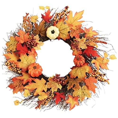 Artificial Fall Wreath Halloween Wreaths for Front Door Fall Berry Wreath Decorated with Pine Cones Pumpkin Maple Leaves Door Decor Outdoor