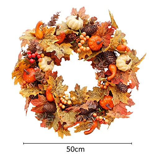 50cm Autumn Door Wreath Artificial Pumpkin Berries Pine Cone Maple Manmade Garland Cloth Rattan Material Home Decoration