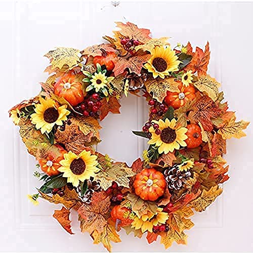 Christmas Fall Wreath for Front Door, Wreath with Apple, Gold Wheat Ears Circle Garland Autumn Wreath for Front Door Wedding Wall Home Thanksgiving Decor