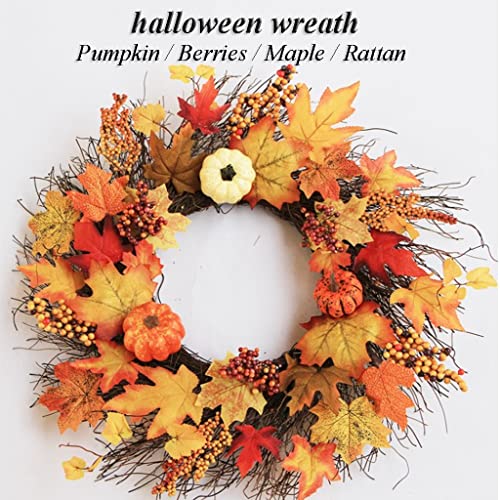 Artificial Fall Wreath Halloween Wreaths for Front Door Fall Berry Wreath Decorated with Pine Cones Pumpkin Maple Leaves Door Decor Outdoor