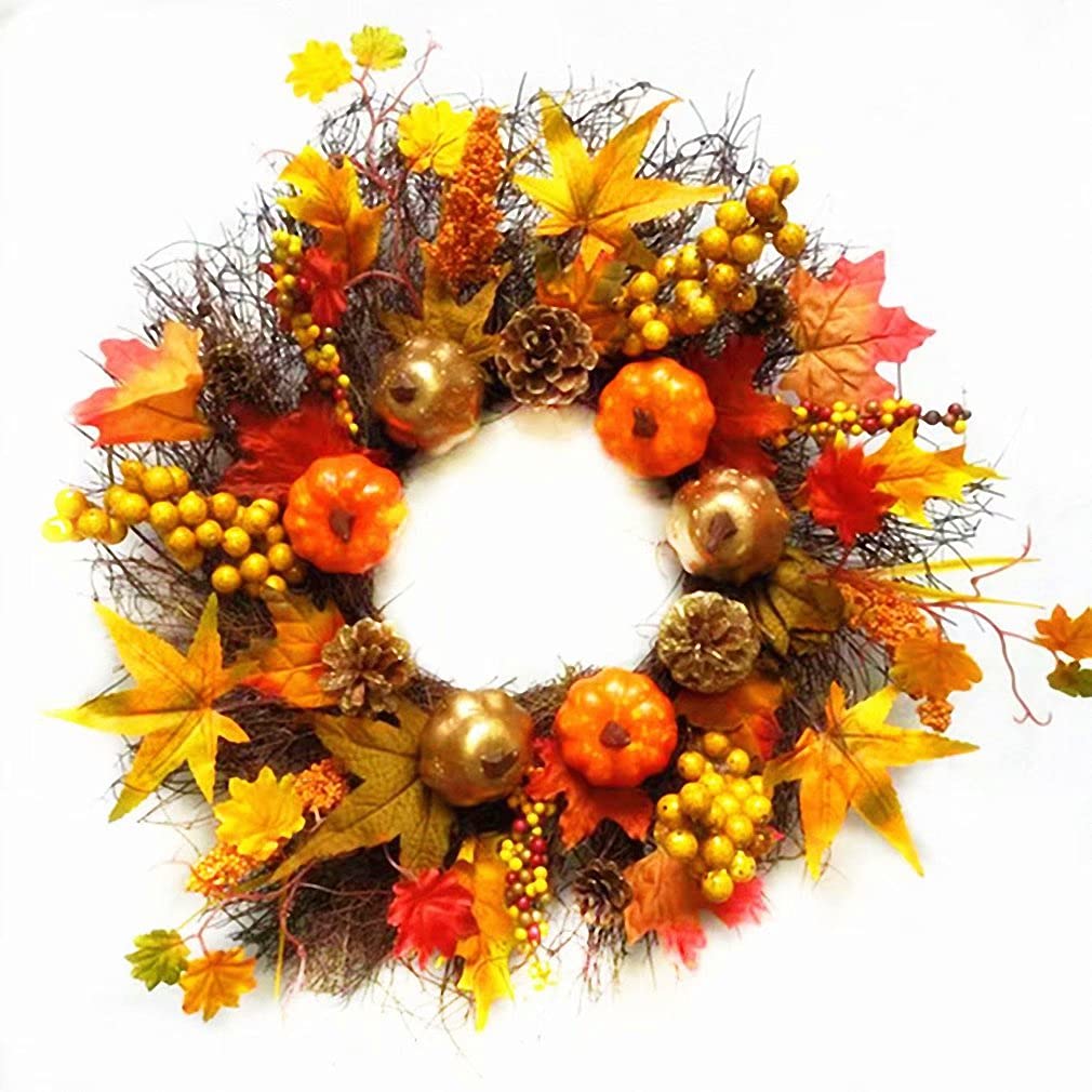 Fall Wreath Indoor and Outdoor 18 Inch Artifical Maple Pumpkin Sun Circle Wreath for Farmhouse Front Door Wall Halloween Decor, B