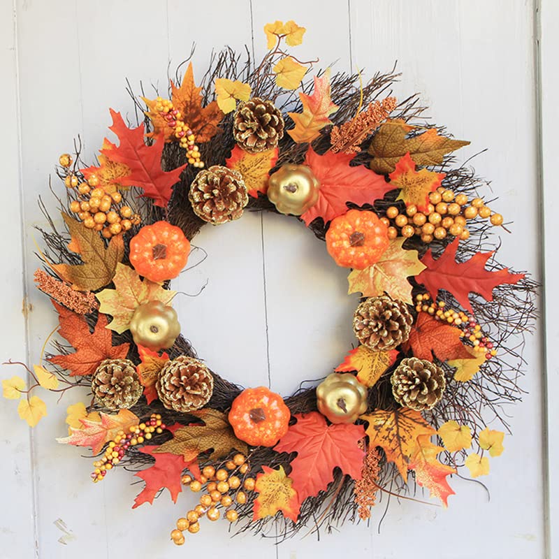 24" Fall Wreath, Autumn Harvest Wreath, Pumpkins Pine Cone Thanksgiving Wreath for Front Door Porch Decor Outdoor Home Decorations