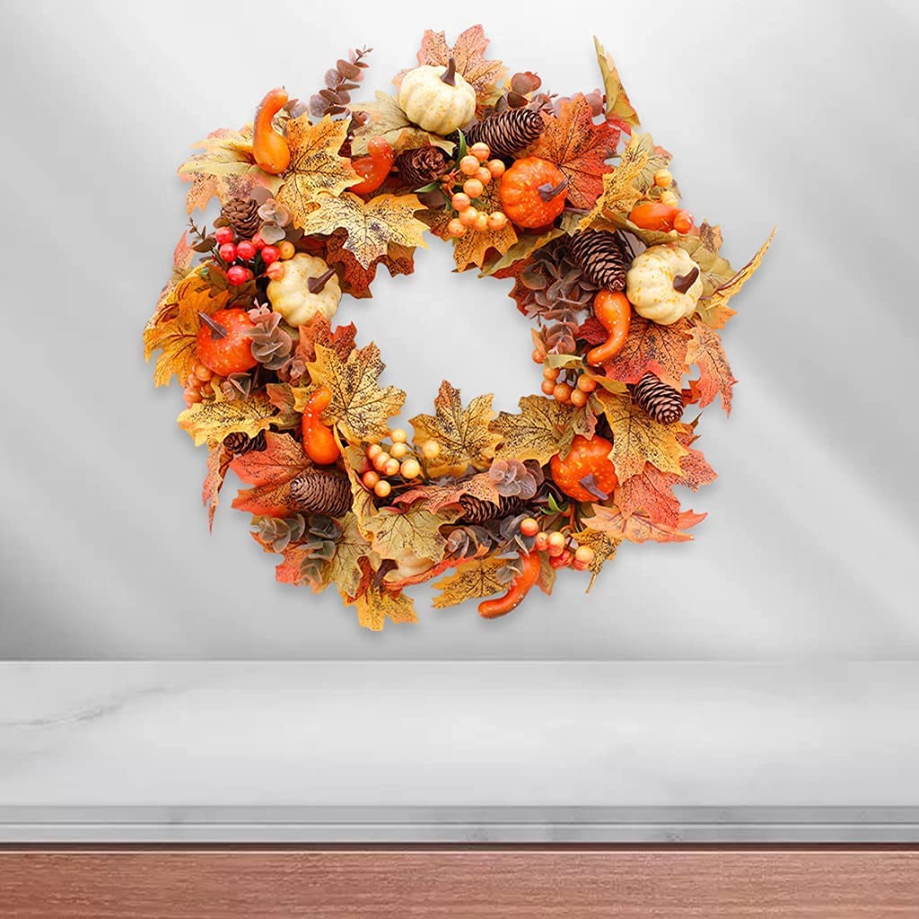 Fall Wreath Pumpkin Maple Leaves Wreaths Autumn Harvest Garland Ornaments for Christmas Thanksgiving Hanging Decoration - Style C