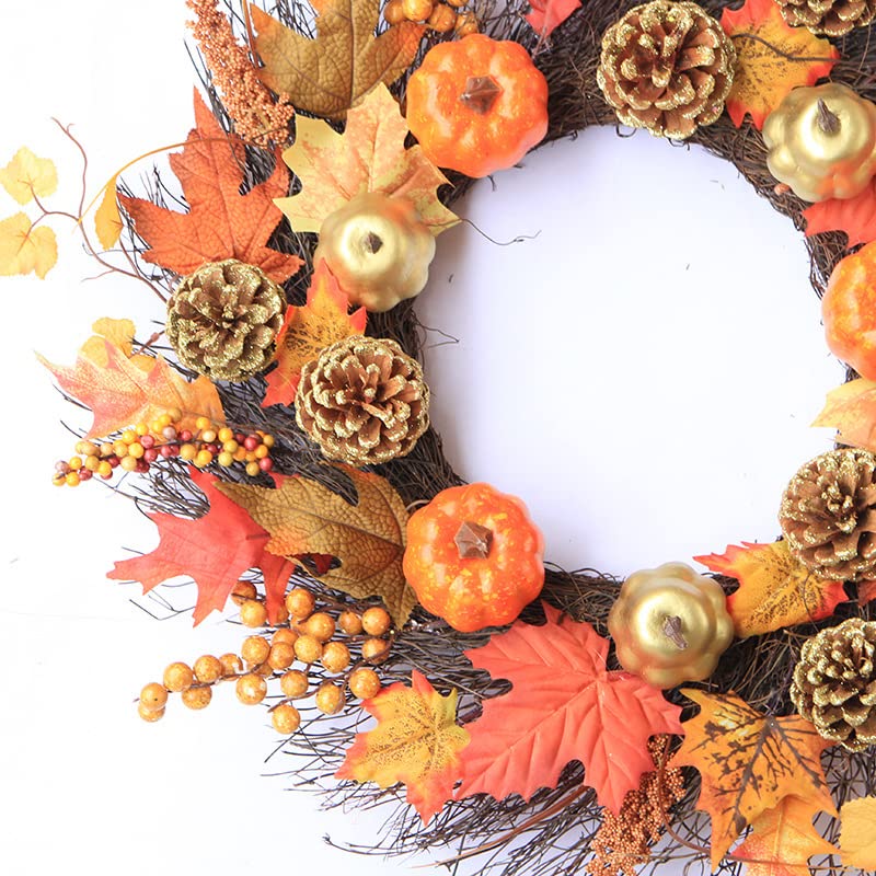 24" Fall Wreath, Autumn Harvest Wreath, Pumpkins Pine Cone Thanksgiving Wreath for Front Door Porch Decor Outdoor Home Decorations