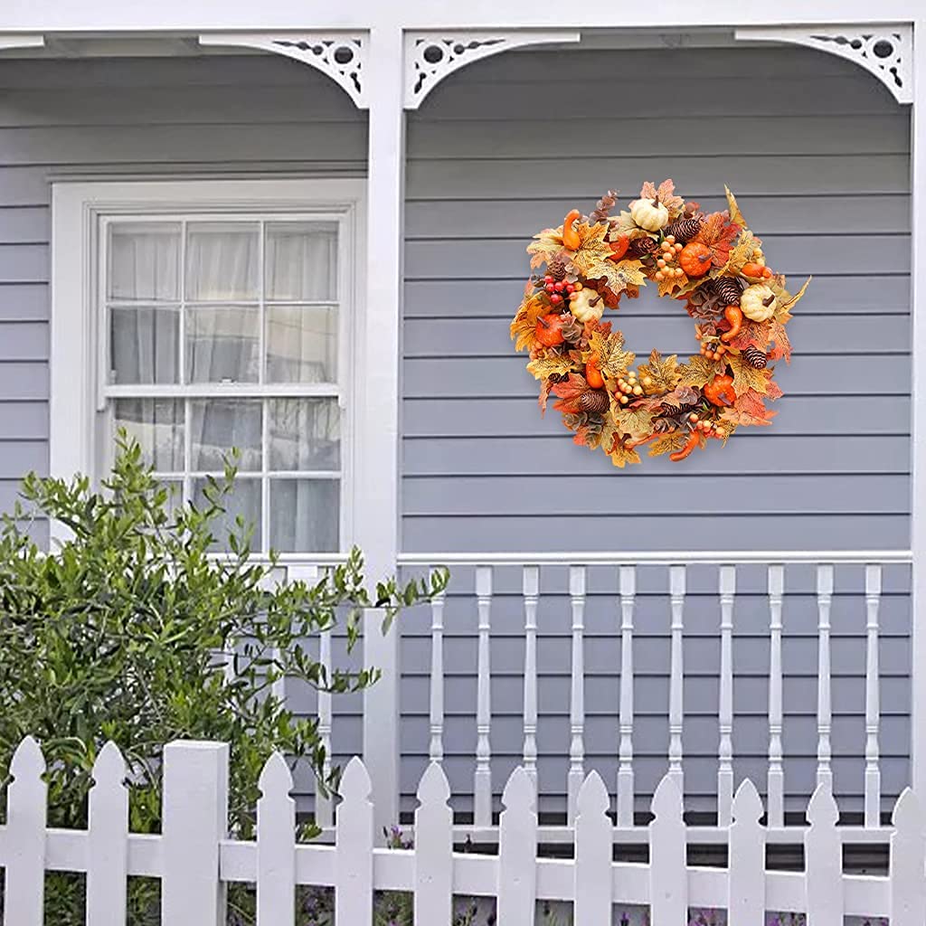 Fall Wreath Pumpkin Maple Leaves Wreaths Autumn Harvest Garland Ornaments for Christmas Thanksgiving Hanging Decoration - Style C