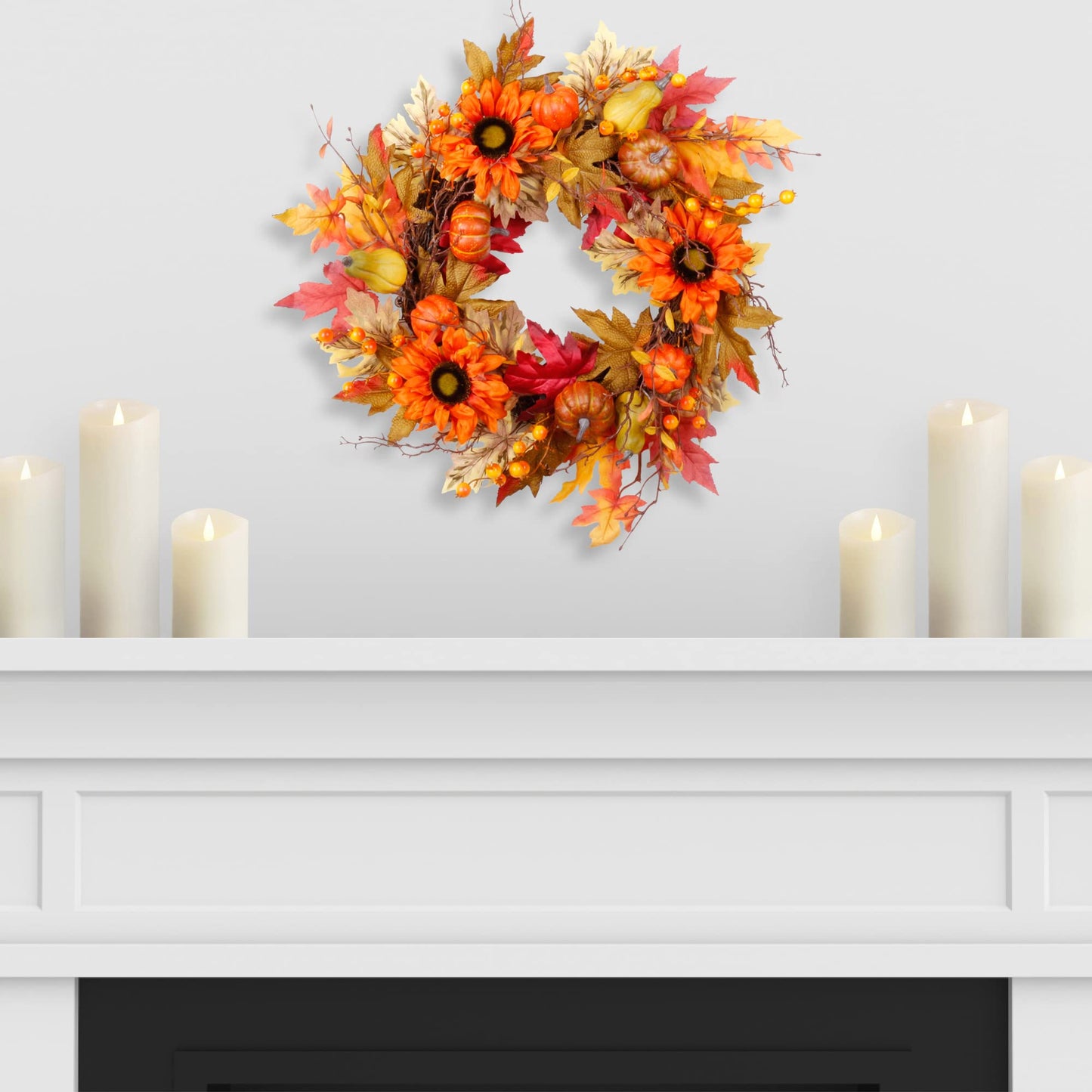 22" Fall Wreath for Front Door, Autumn Artificial Wreath with Pumpkin, Sunflowers, Maple Leaves, Berries, Ideal for Halloween Thanksgiving Home Decoration