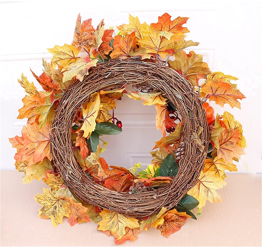 Christmas Fall Wreath for Front Door, Wreath with Apple, Gold Wheat Ears Circle Garland Autumn Wreath for Front Door Wedding Wall Home Thanksgiving Decor