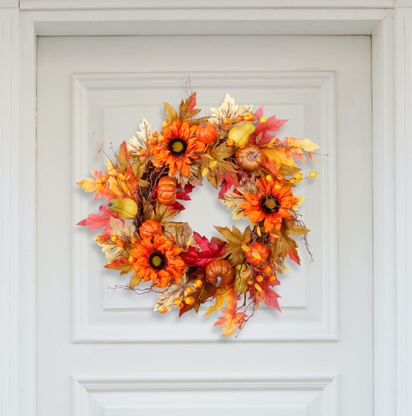 22" Fall Wreath for Front Door, Autumn Artificial Wreath with Pumpkin, Sunflowers, Maple Leaves, Berries, Ideal for Halloween Thanksgiving Home Decoration