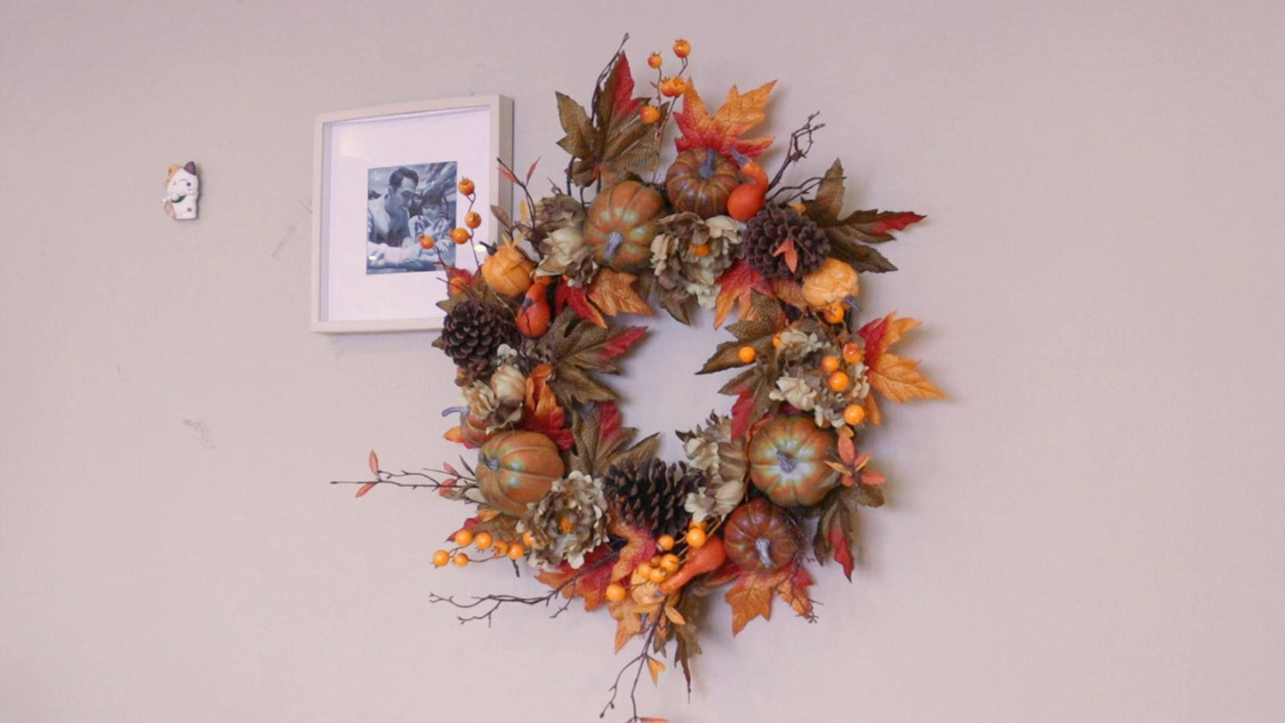 22" Fall Wreath for Front Door, Autumn Artificial Wreath with Pumpkin, Sunflowers, Maple Leaves, Berries, Ideal for Halloween Thanksgiving Home Decoration