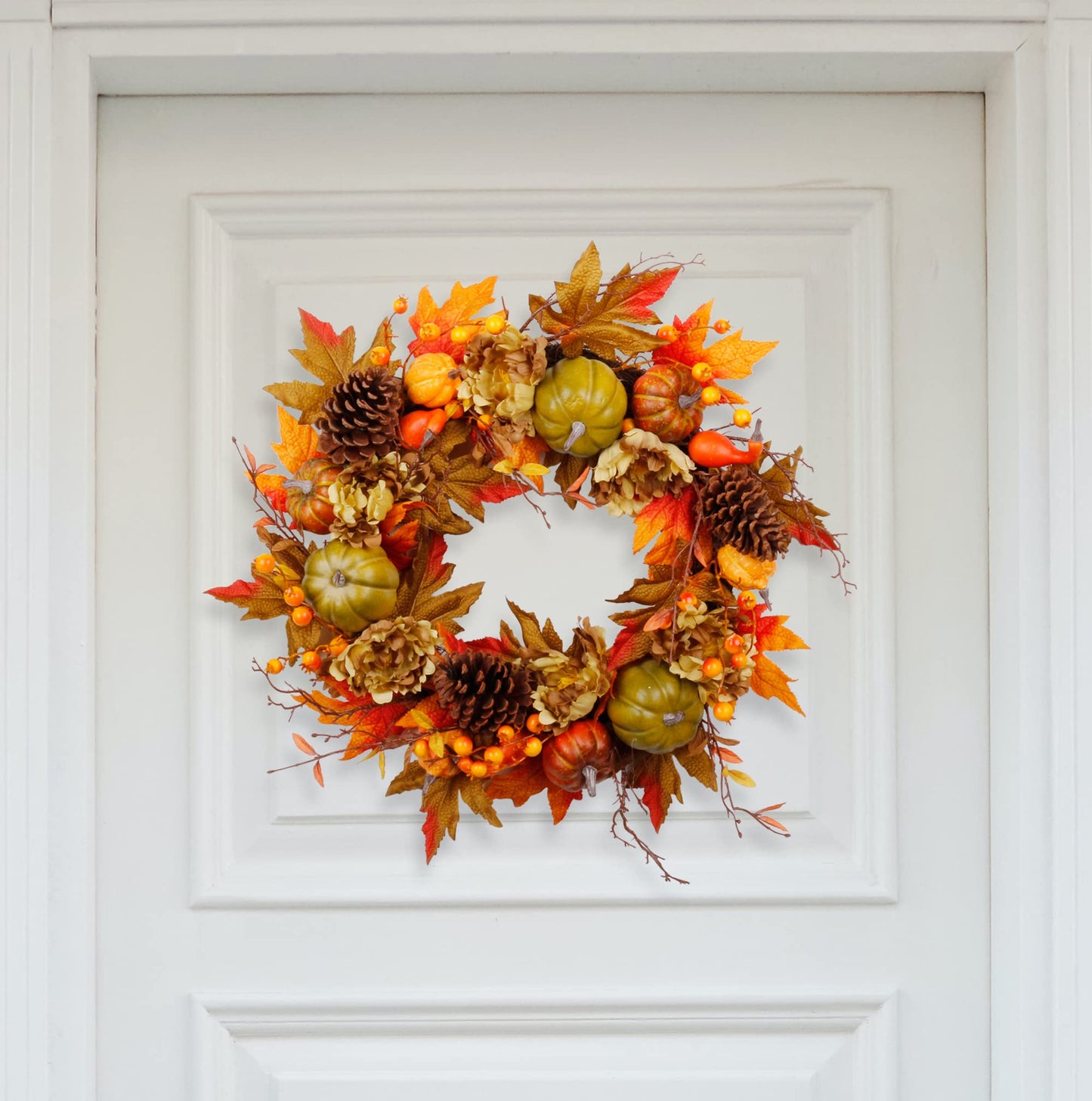 22" Fall Wreath for Front Door, Autumn Artificial Wreath with Pumpkin, Sunflowers, Maple Leaves, Berries, Ideal for Halloween Thanksgiving Home Decoration