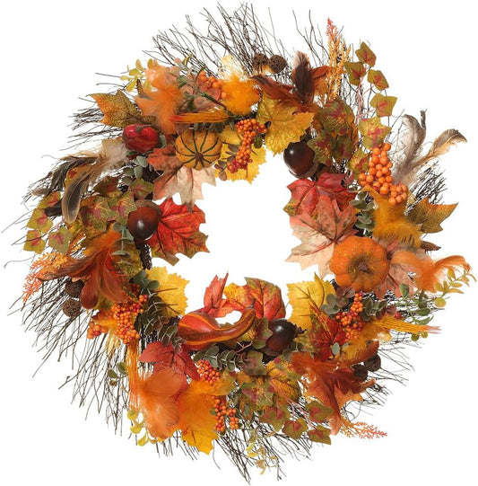 24" Artificial Acorn, Pumpkin & Feather Hanging Wreath -Fall (Pack of 4)