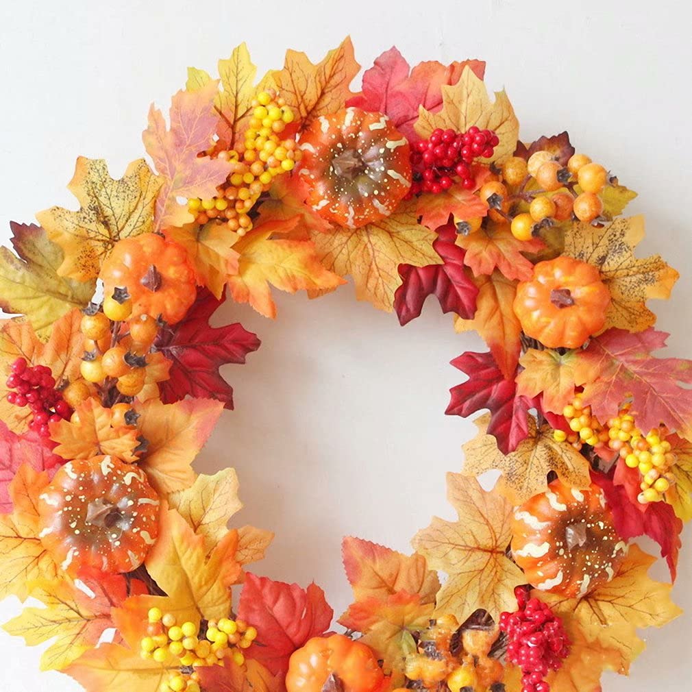 Fall Wreath Indoor and Outdoor 18 Inch Artifical Maple Pumpkin Sun Circle Wreath for Farmhouse Front Door Wall Halloween Decor, B