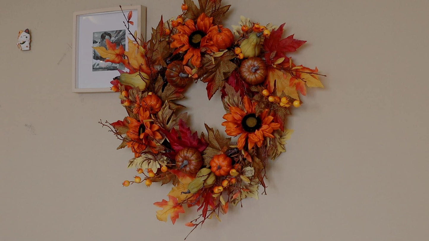 22" Fall Wreath for Front Door, Autumn Artificial Wreath with Pumpkin, Sunflowers, Maple Leaves, Berries, Ideal for Halloween Thanksgiving Home Decoration