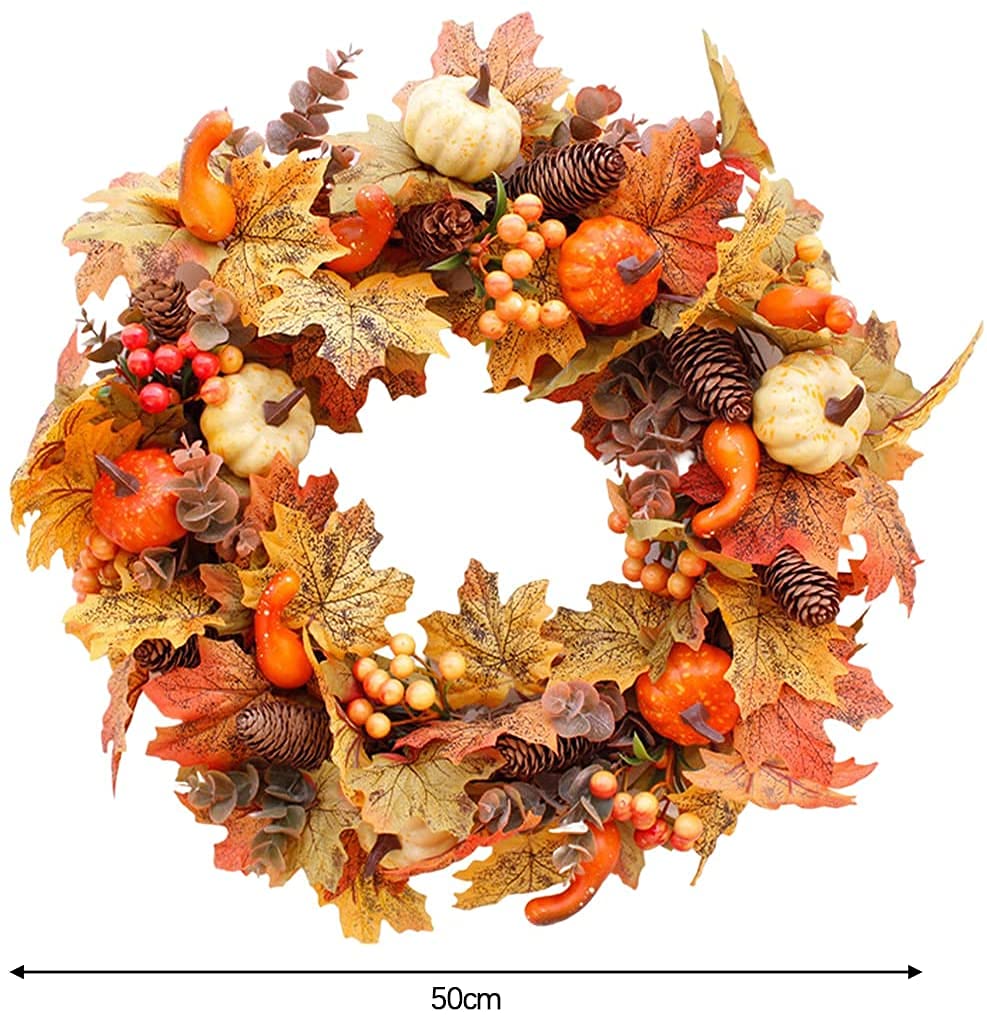 Fall Wreath Pumpkin Maple Leaves Wreaths Autumn Harvest Garland Ornaments for Christmas Thanksgiving Hanging Decoration - Style C