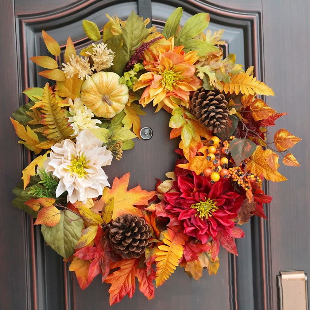 Fall Wreath Indoor and Outdoor 18 Inch Artifical Maple Pumpkin Sun Circle Wreath for Farmhouse Front Door Wall Halloween Decor, B