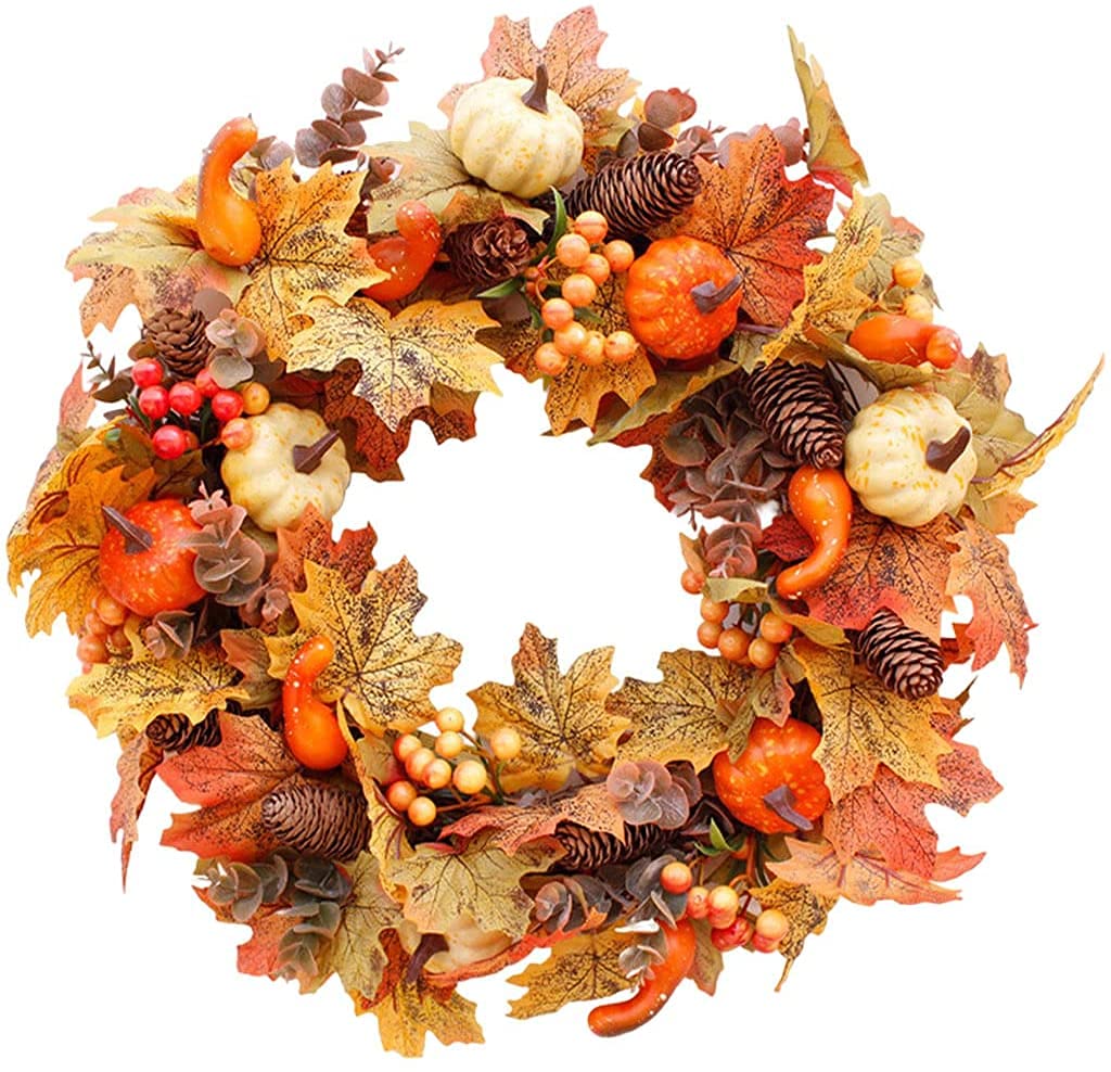 Fall Wreath Pumpkin Maple Leaves Wreaths Autumn Harvest Garland Ornaments for Christmas Thanksgiving Hanging Decoration - Style C