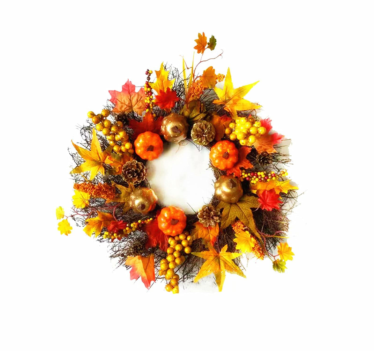 Fall Wreath Indoor and Outdoor 18 Inch Artifical Maple Pumpkin Sun Circle Wreath for Farmhouse Front Door Wall Halloween Decor, B