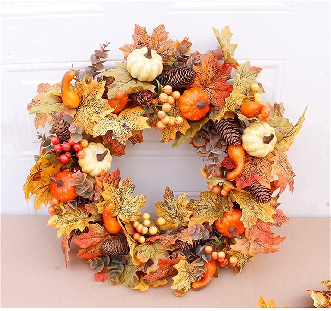 Christmas Fall Wreath for Front Door, Wreath with Apple, Gold Wheat Ears Circle Garland Autumn Wreath for Front Door Wedding Wall Home Thanksgiving Decor