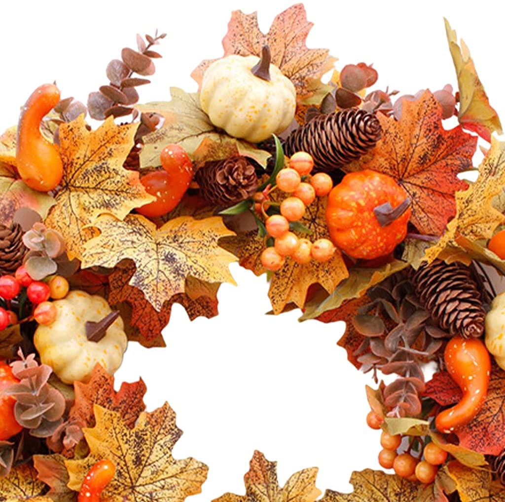 Fall Wreath Pumpkin Maple Leaves Wreaths Autumn Harvest Garland Ornaments for Christmas Thanksgiving Hanging Decoration - Style C