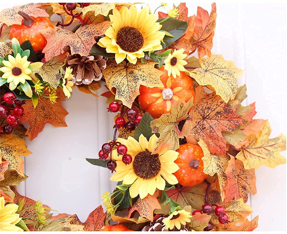 Christmas Fall Wreath for Front Door, Wreath with Apple, Gold Wheat Ears Circle Garland Autumn Wreath for Front Door Wedding Wall Home Thanksgiving Decor