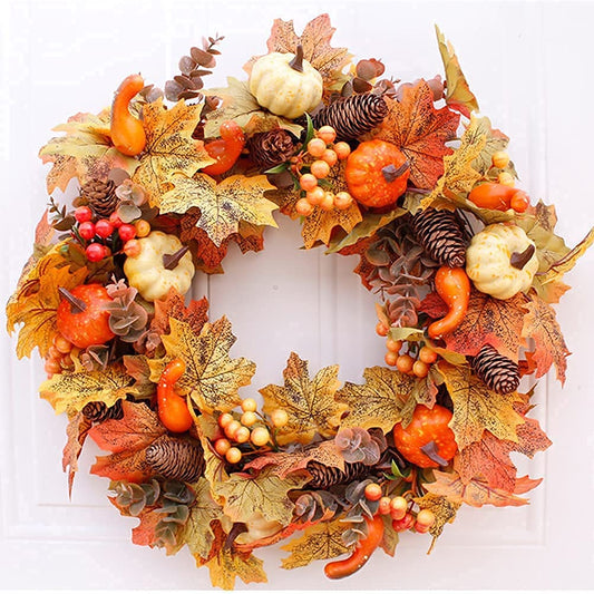 Christmas Fall Wreath for Front Door, Wreath with Apple, Gold Wheat Ears Circle Garland Autumn Wreath for Front Door Wedding Wall Home Thanksgiving Decor