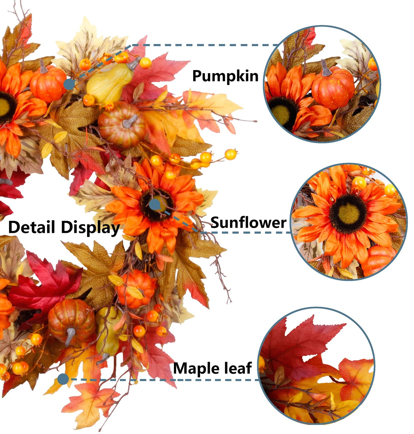 22" Fall Wreath for Front Door, Autumn Artificial Wreath with Pumpkin, Sunflowers, Maple Leaves, Berries, Ideal for Halloween Thanksgiving Home Decoration