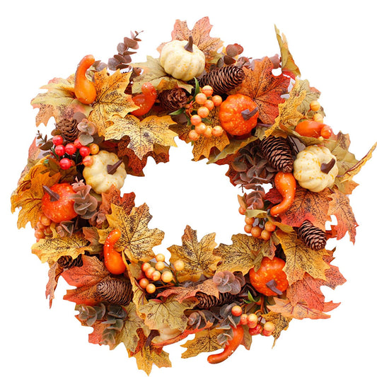 50cm Artificial Autumn Wreath Decoration Maple Pine Cone Pumpkin Door Wreath Halloween Thanksgiving Garland Christmas Decor (Color : A)