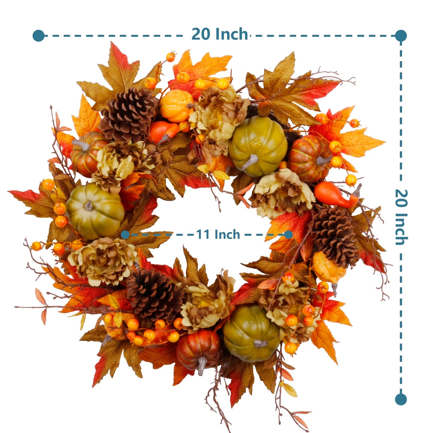 22" Fall Wreath for Front Door, Autumn Artificial Wreath with Pumpkin, Sunflowers, Maple Leaves, Berries, Ideal for Halloween Thanksgiving Home Decoration