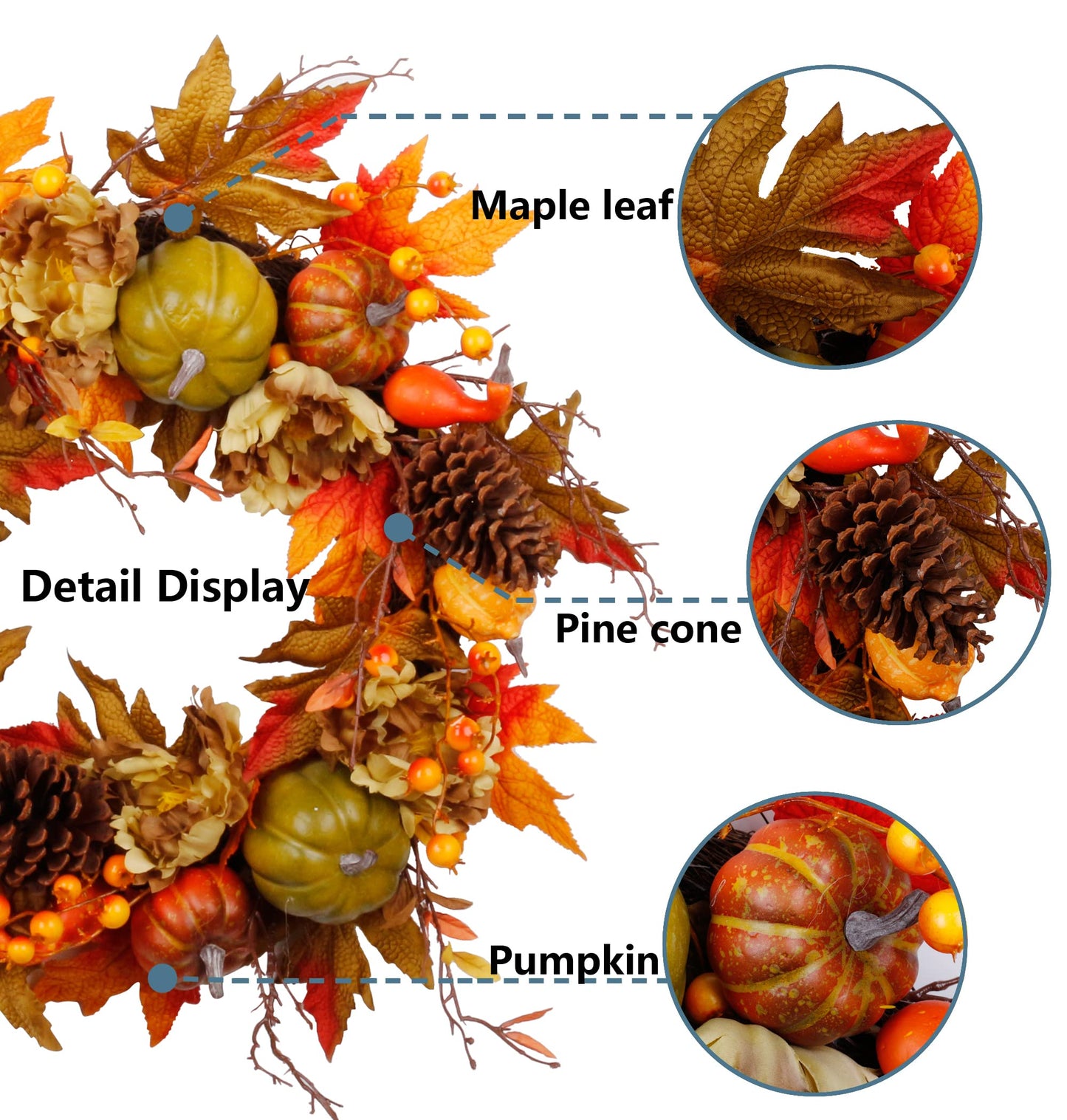 22" Fall Wreath for Front Door, Autumn Artificial Wreath with Pumpkin, Sunflowers, Maple Leaves, Berries, Ideal for Halloween Thanksgiving Home Decoration