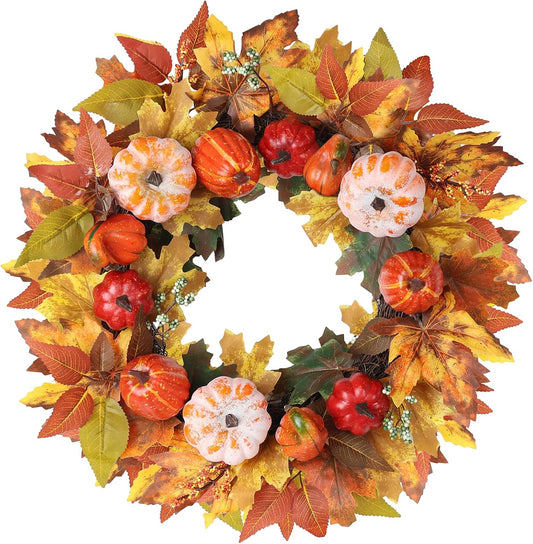 Fall Wreath for Front Door, HOGARDECK 24" Fall Wreath with Pumpkins, Berries & Artificial Maple Leaves for Fall Decor, Autumn Wreath Fall Decorations for Home, Outside, Porch, Wall, Thanksgiving