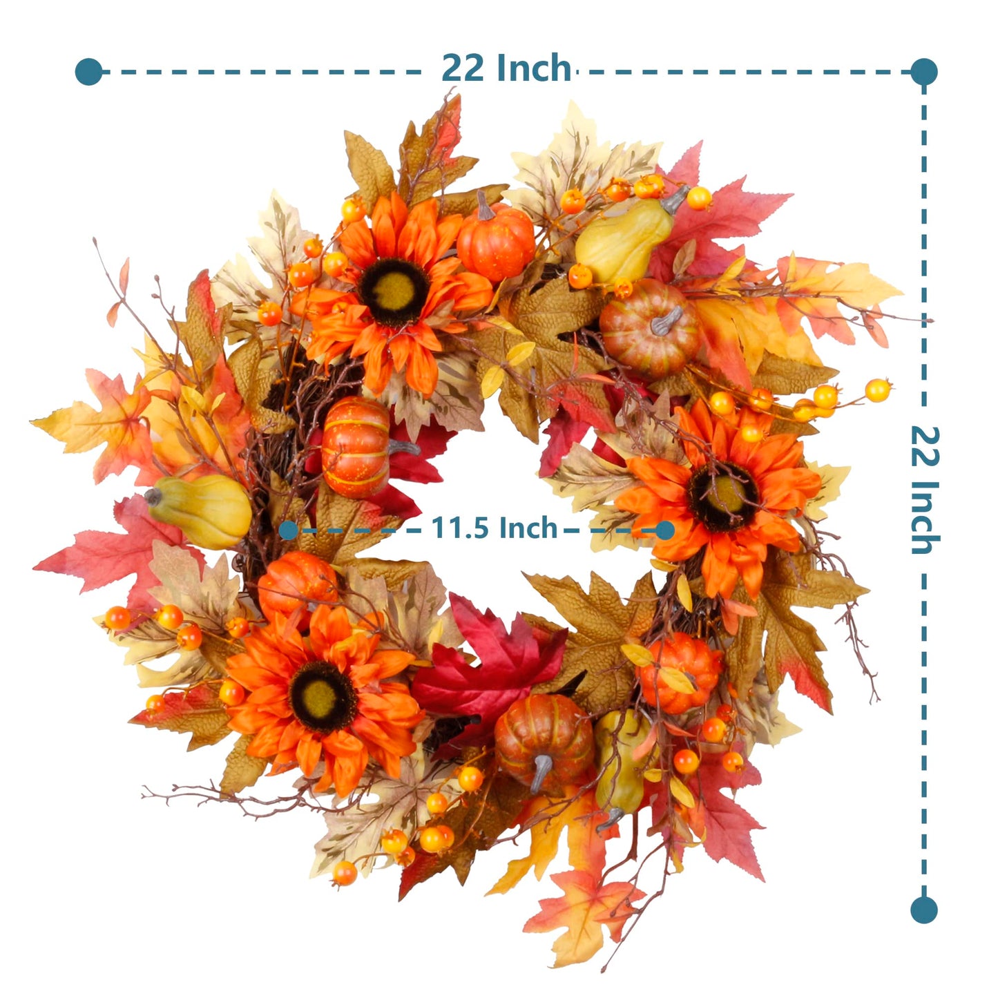 22" Fall Wreath for Front Door, Autumn Artificial Wreath with Pumpkin, Sunflowers, Maple Leaves, Berries, Ideal for Halloween Thanksgiving Home Decoration