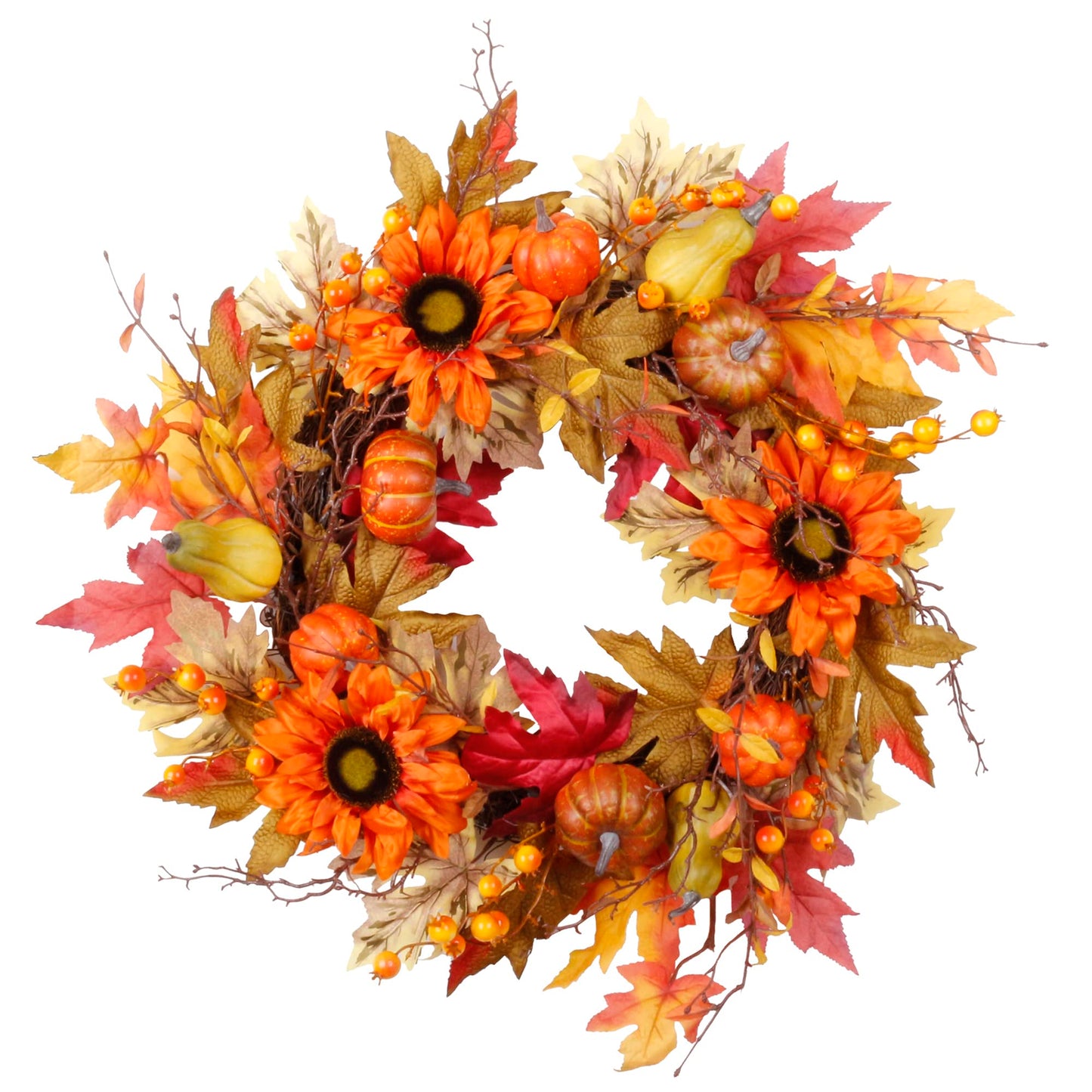 22" Fall Wreath for Front Door, Autumn Artificial Wreath with Pumpkin, Sunflowers, Maple Leaves, Berries, Ideal for Halloween Thanksgiving Home Decoration